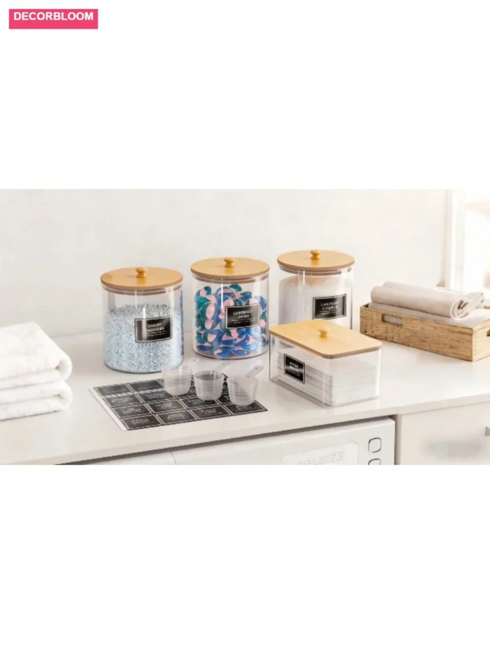 Glass Laundry Pods Container with Bamboo Lid, Acrylic Dryer Sheet Holder,